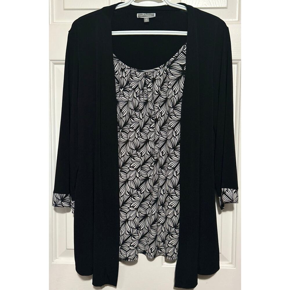 JM Collection Women's Black White Floral Long Sleeve‎ Blouse w/Jacket Size 0X=14